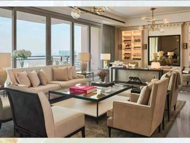 Expansive interiors with floor-to-ceiling windows overlooking lush greens DLF camellias.